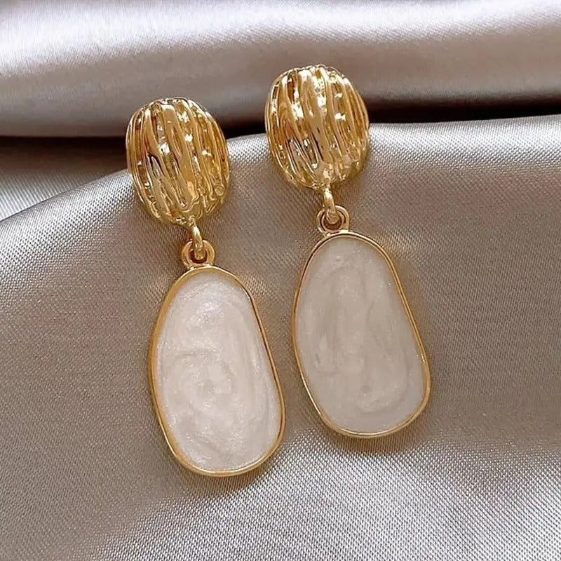 Oval Earrings with 18K Gold Plating & White Enamel