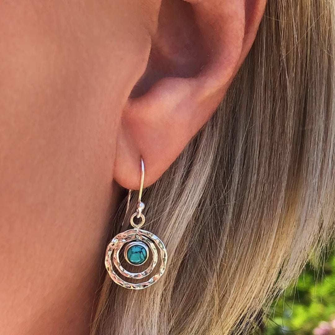 Boho Saturn earrings with turquoise stone in silver and gold