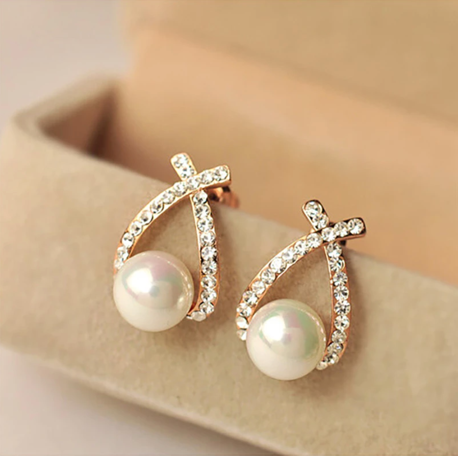 Crossed Pearl Earrings with Diamonds