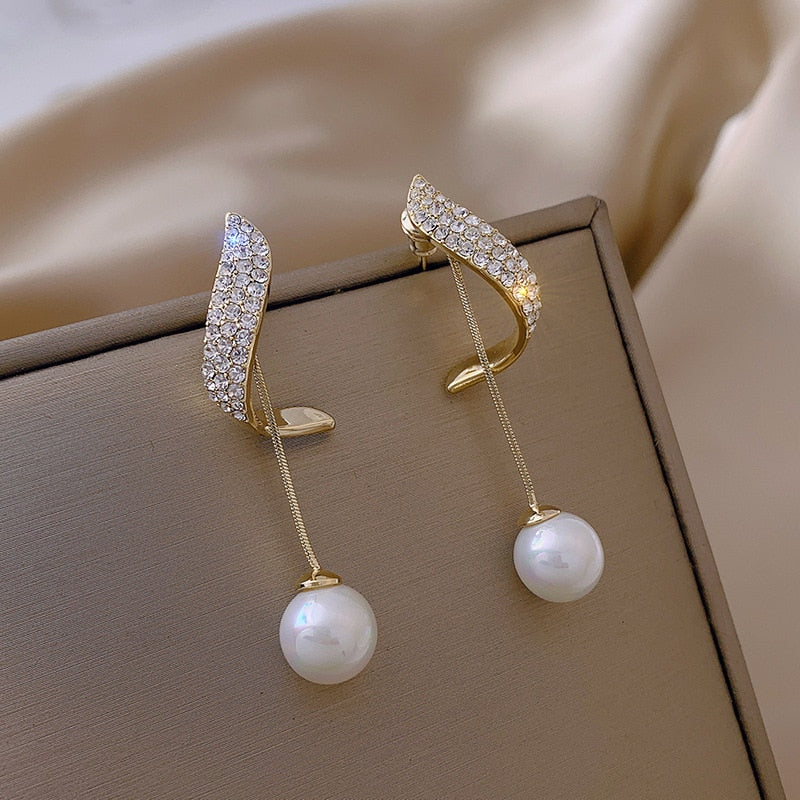 Silver Drop Earrings with Pearls & Sparkling Zircons