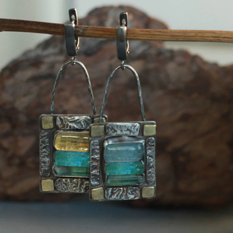 Blue-green crystal stone earrings