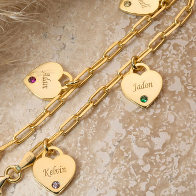 Dainty Name & Birthstone Heart Charm Paperclip Bracelet