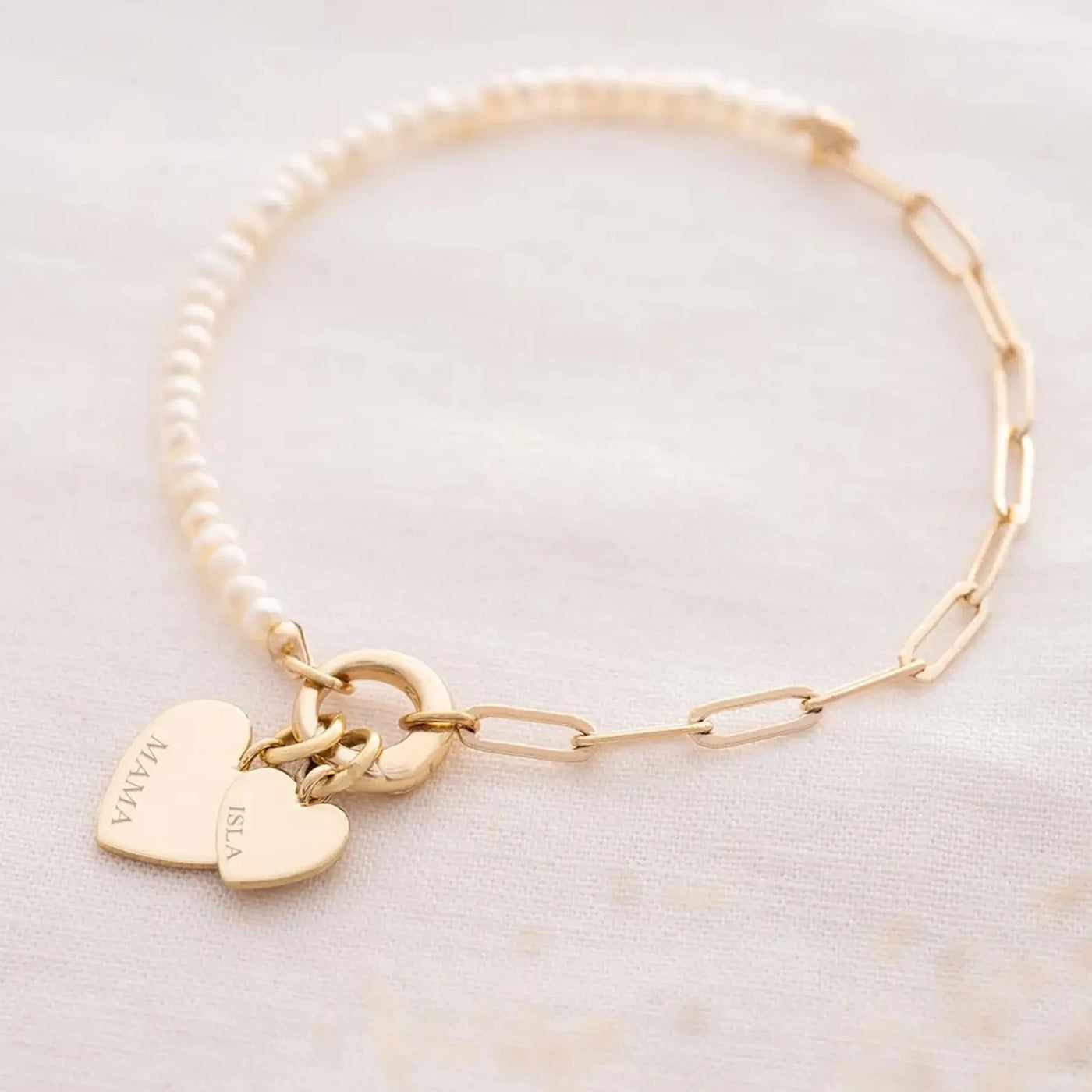 Dainty Personalized Double Heart Pearl Paperclip Chain Bracelet