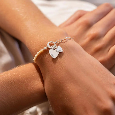 Dainty Personalized Double Heart Pearl Paperclip Chain Bracelet