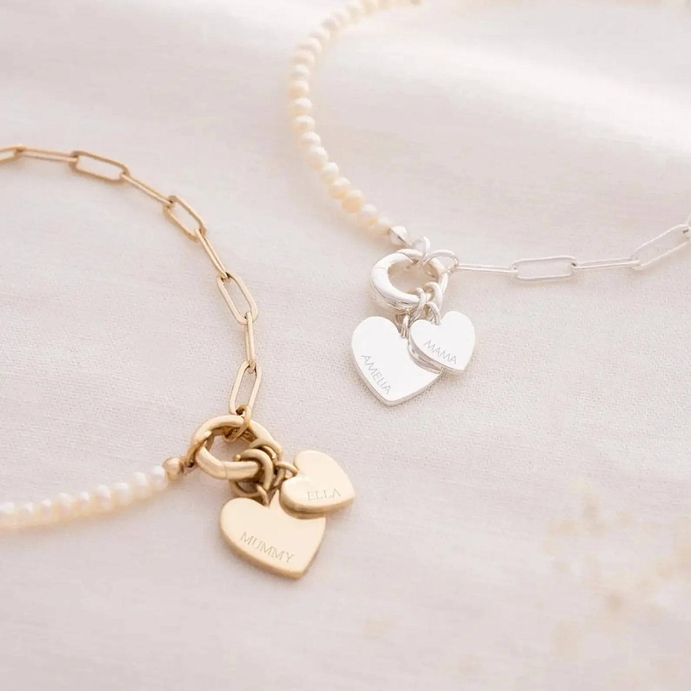 Dainty Personalized Double Heart Pearl Paperclip Chain Bracelet