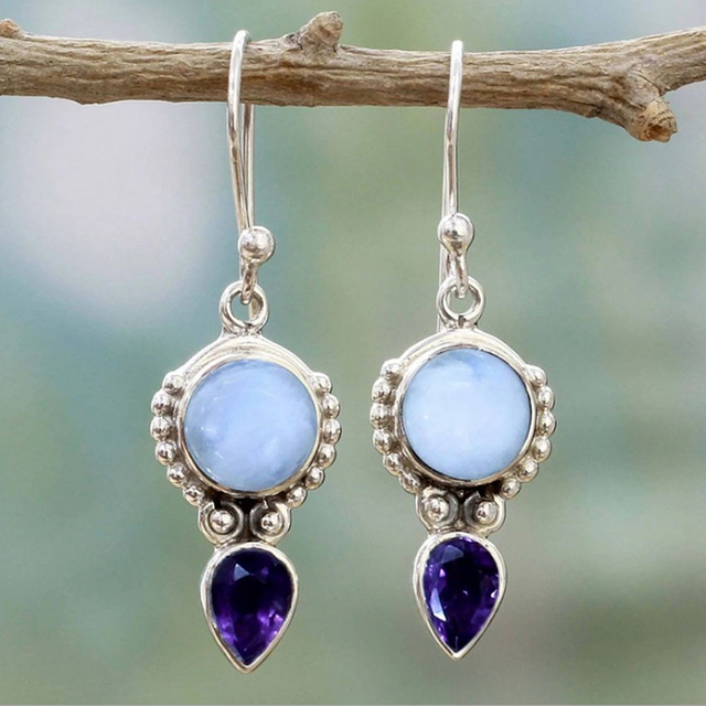 Boho earrings with moonstone and blue crystal