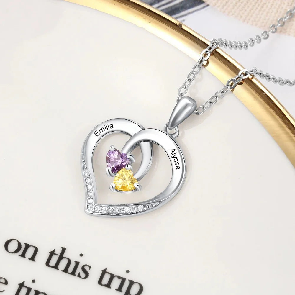 S925 Personalized Two Name & Birthstone Heart Pendant Necklace