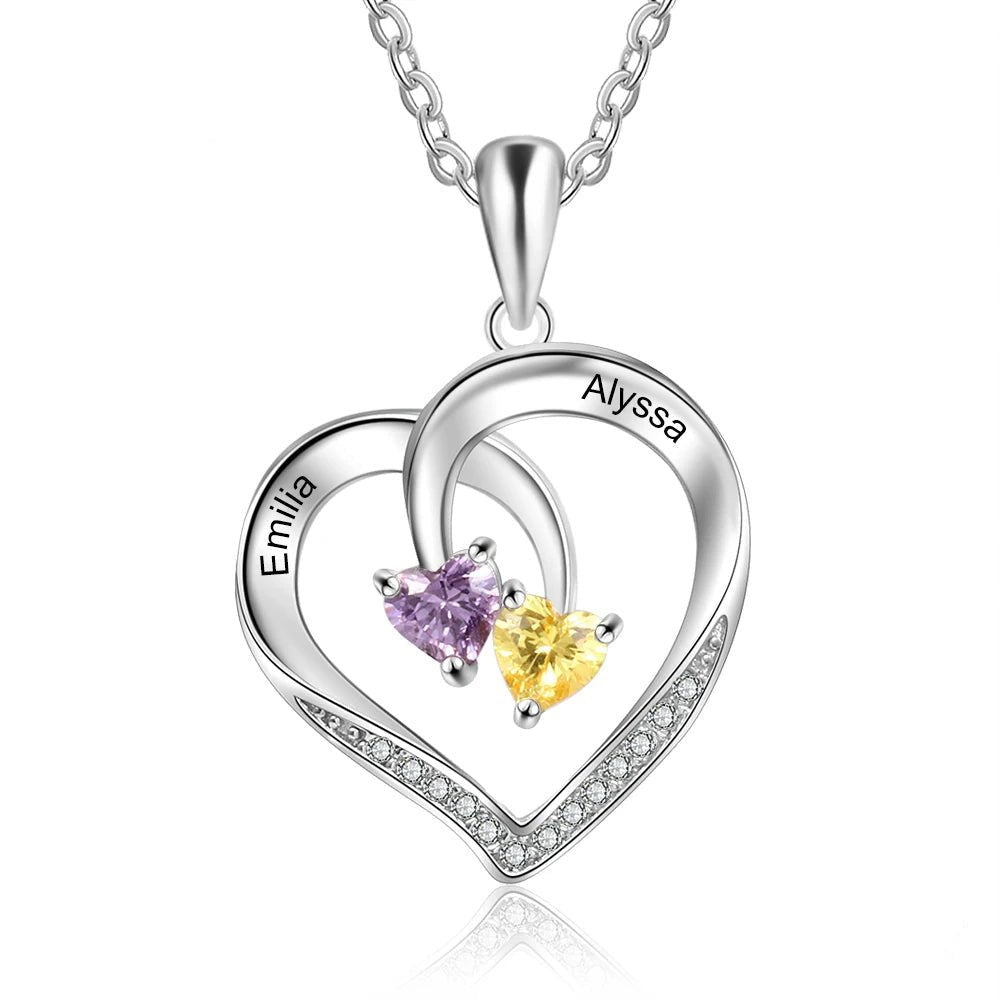 S925 Personalized Two Name & Birthstone Heart Pendant Necklace