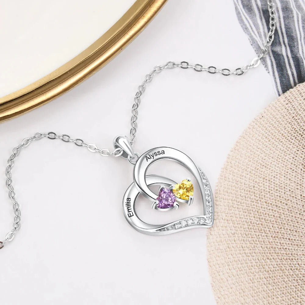 S925 Personalized Two Name & Birthstone Heart Pendant Necklace