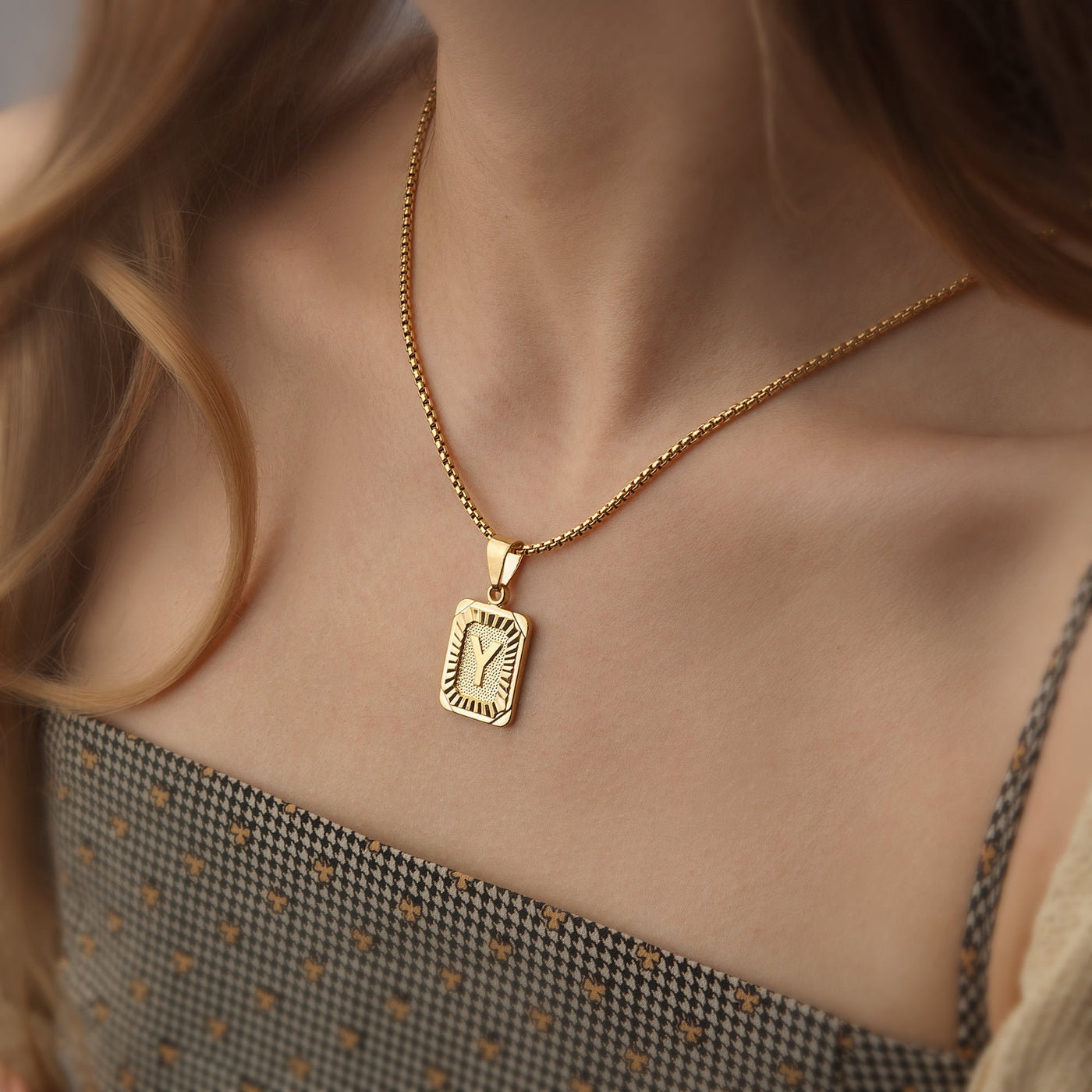 Textured Rectangle Letter Initial Necklace